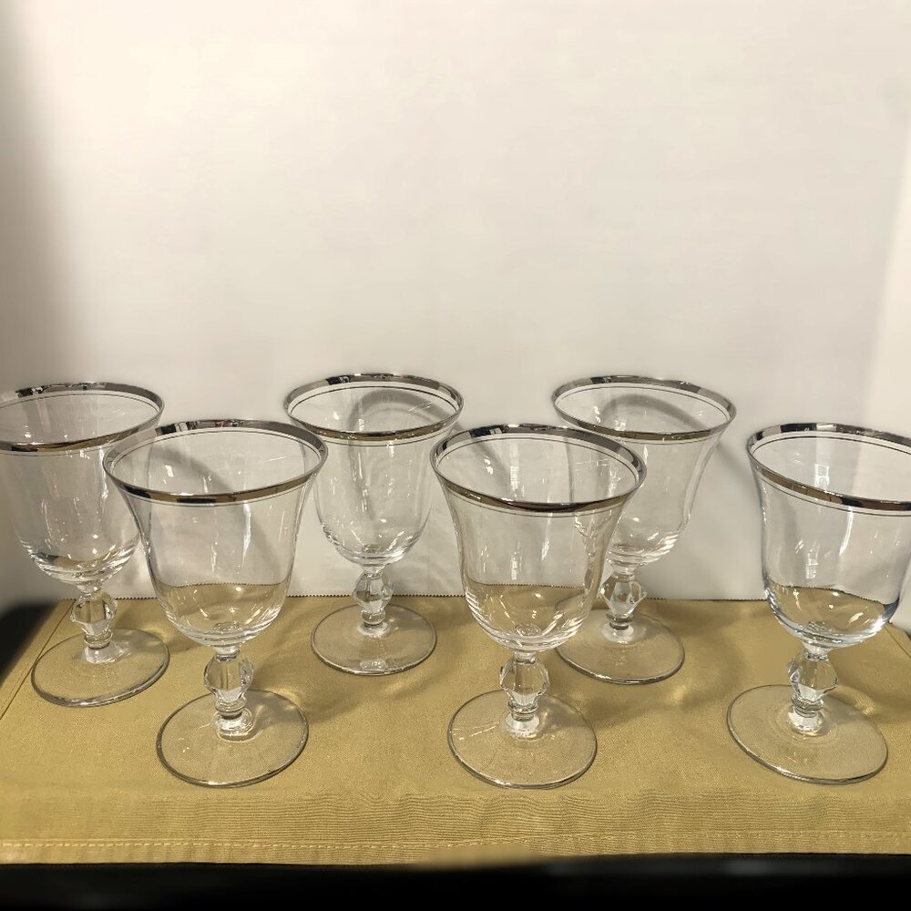 6 VINTAGE GLASTONBURY LOTUS MIRAMAR wine glasses, goblet, silver platnium ring